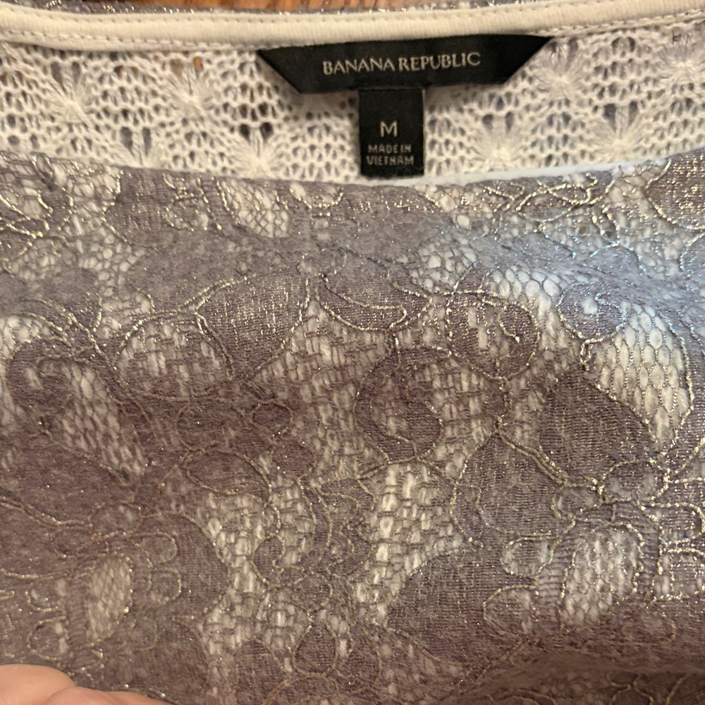 Banana Republic Silver Lace Blouse | Sheer Overlay | Elegant Minimalist Chic - Picture 7 of 7